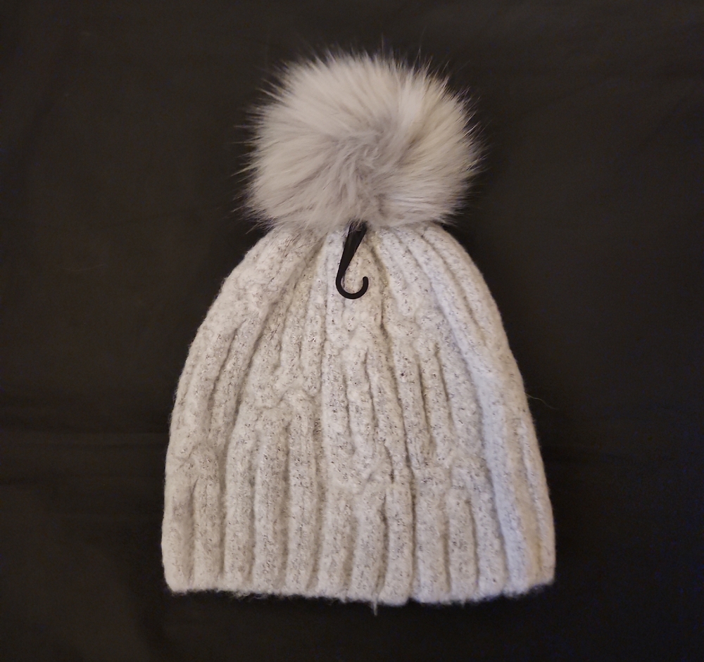 Express Gray Knit Hat with Faux Fur Pom